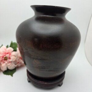 Vintage Globe Wood Vase with Base Mango Accents